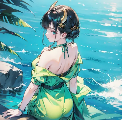 one woman、gorgeous green swimsuit、,race,black hair、short bun hair、hair ornaments、necklace、back、golden devil horns、anatomically c...