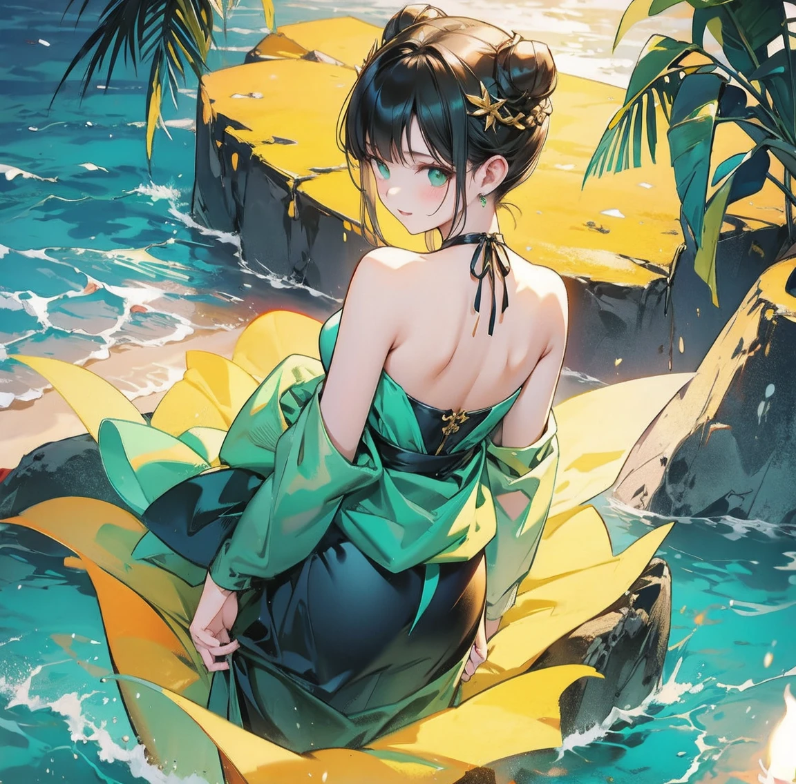 One woman、Gorgeous green swimsuit、,race,Black Hair、Short bun hair、hair ornaments、necklace、back、Golden devil horns、Anatomically correct,、Night beach、Night Pool