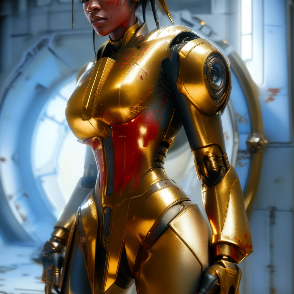 1 girl, solo, (look at viewer), ((Best quality)), ((masterpiece)), (detailed:1.4), ((upper body)), 3D, an image of a beautiful cyberpunk female,HDR (High Dynamic Range), Ray Tracing,NVIDIA RTX,Super-Resolution,Unreal 5,Subsurface scattering,PBR Texturing,Post-processing,Anisotropic Filtering,Depth-of-field,Maximum clarity and sharpness,Multi-layered textures,Albedo and Specular maps,Surface shading,Accurate simulation of light-material interaction,Perfect proportions,Octane Render,Two-tone lighting,Wide aperture,Low ISO,White balance,Rule of thirds,8K RAW, (((blood eyes))), , mechanical parts ahsoka, (dark skin:1.2), blood eyes, , medium breasts, bloodgold/black bodysuit, belt, (( bloodgold amor)) joints, body suit
