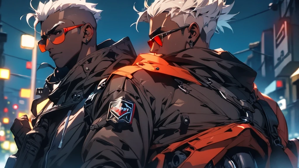 Strong dark-skinned man snow-white hair red eyes serious wearing glasses standing near a green 1300cc ninja motorcycle with black motorcycle courier coat motorcycle courier gloves