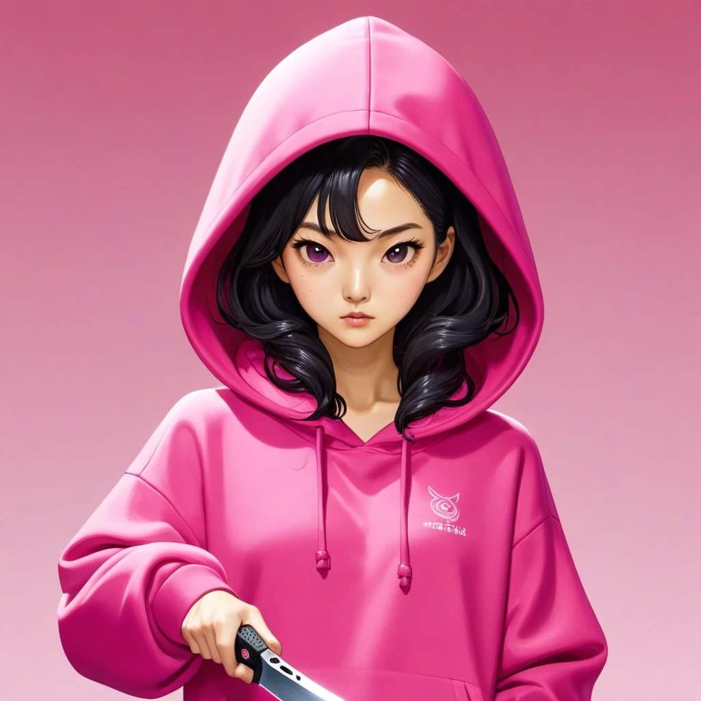 Kang Sae-byeok, Squid Game, Jung Ho-yeo, holding a knife with her hand, wearing a pink hoodie, simple background, evil expression, shes an amoral thief
