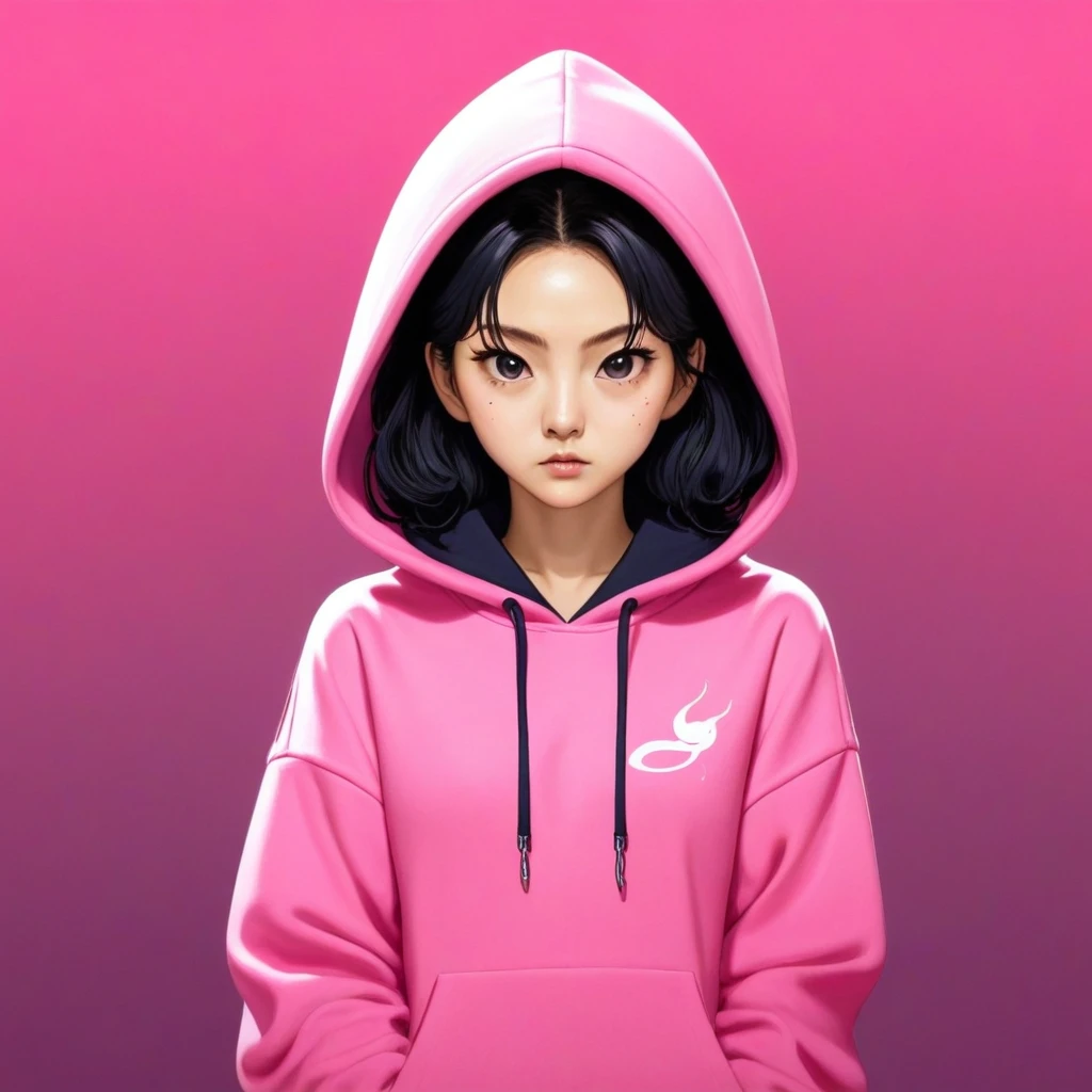 Kang Sae-byeok, Squid Game, Jung Ho-yeo, holding a knife with her hand, wearing a pink hoodie, simple background, evil expression, shes an amoral thief
