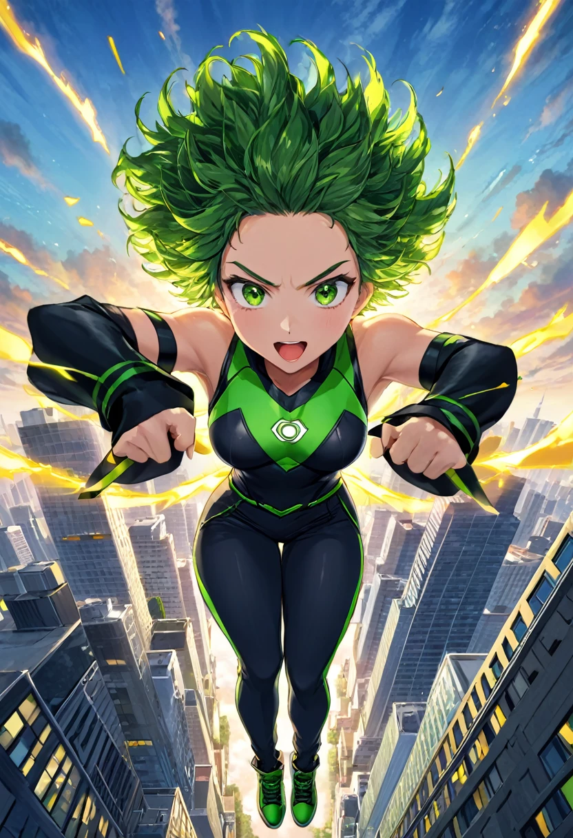 obra de arte, Izuku Midoriya, melhor qualidade, animado, cores vivas, de cima, 1 chico, sozinho, Super heroi, calça caixa preta, Cabelo cacheado verde, grandes olhos verdes, peças, no céu abaixo da cidade,expressão de fúria,