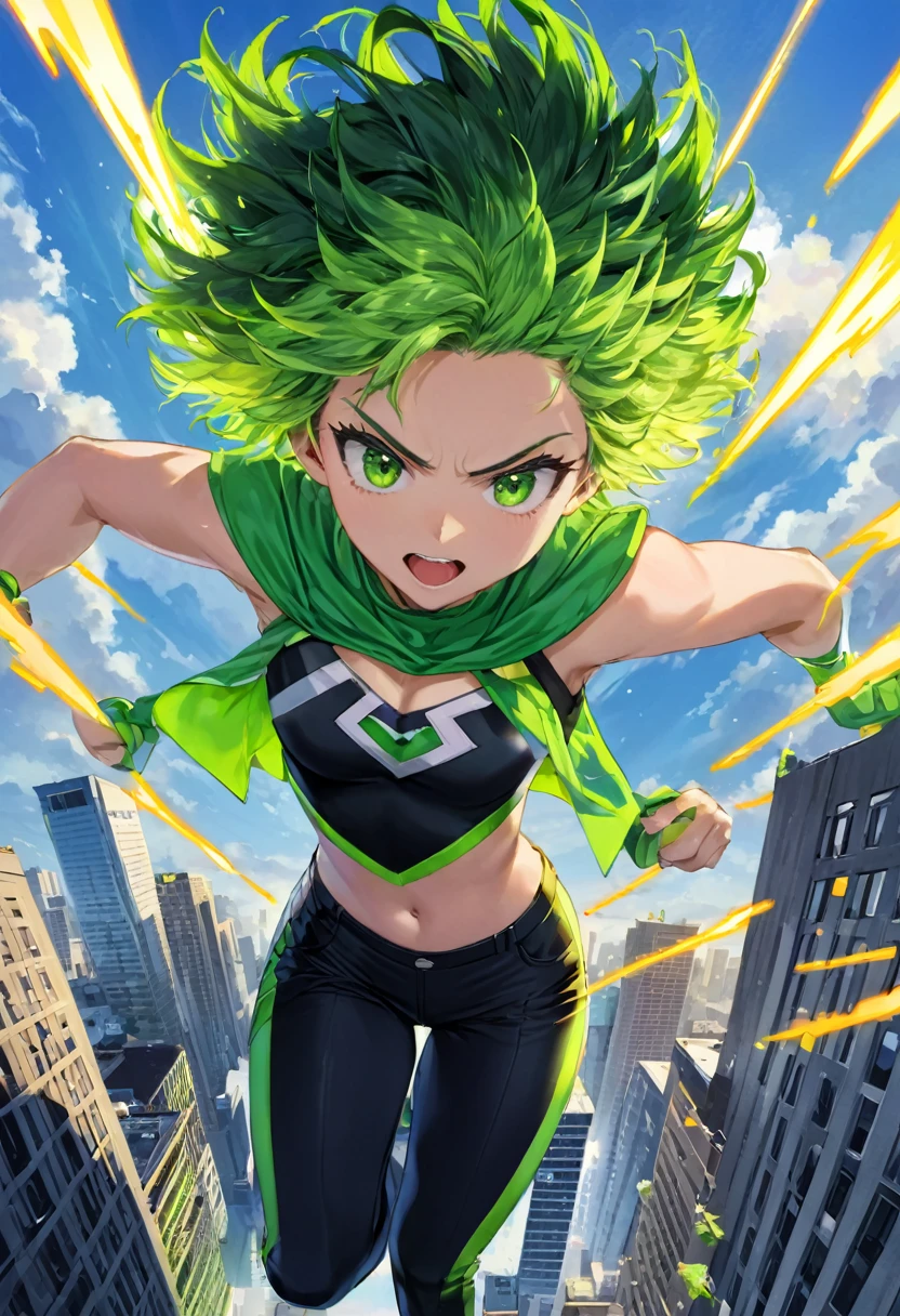 obra de arte, Izuku Midoriya, melhor qualidade, animado, cores vivas, de cima, 1 chico, sozinho, Super heroi, calça caixa preta, Cabelo cacheado verde, grandes olhos verdes, peças, no céu abaixo da cidade,expressão de fúria,