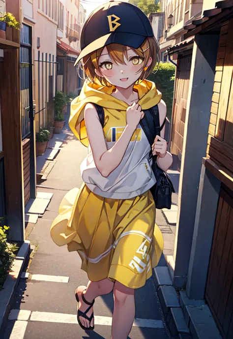 rin hoshizora (yellow eyes:1.5), hair between the eyes, brown hair,short hair,blush,happy smile, smile, open your mouth,baseball...