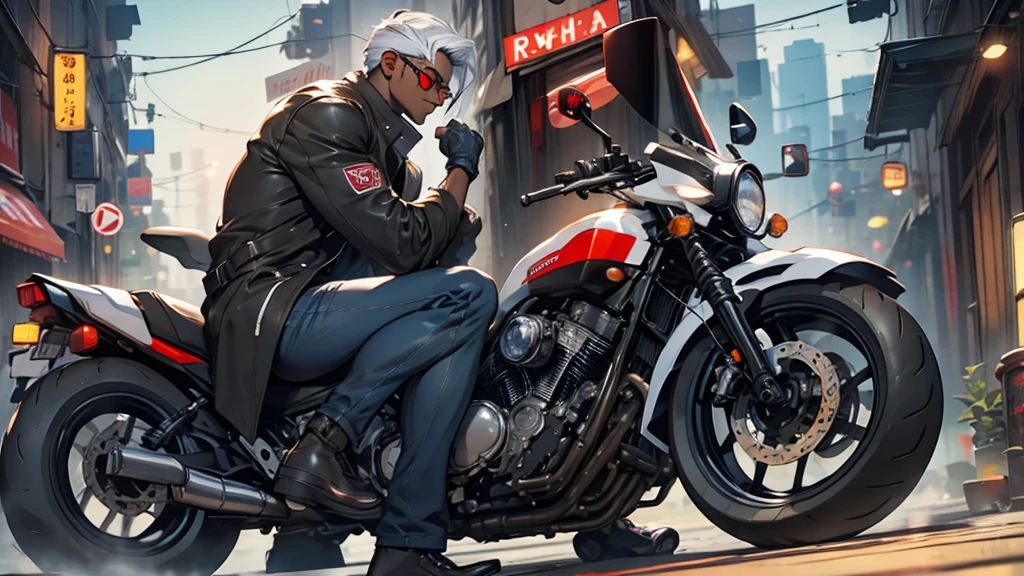 Strong dark-skinned man snow-white hair red eyes serious wearing glasses standing near a green 1300cc ninja motorcycle with black motorcycle courier coat motorcycle courier gloves , (work of art), best qualityer, (extremely detailed face), muscular boy .extremely detailed eyes, lighting