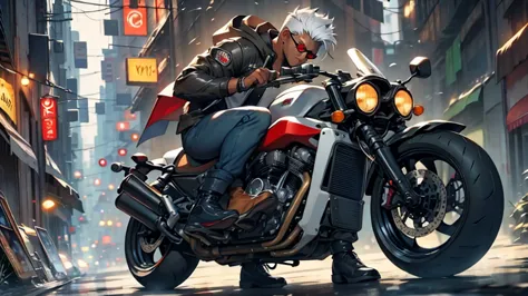 Strong dark-skinned man snow-white hair red eyes serious wearing glasses standing near a green 1300cc ninja motorcycle with blac...