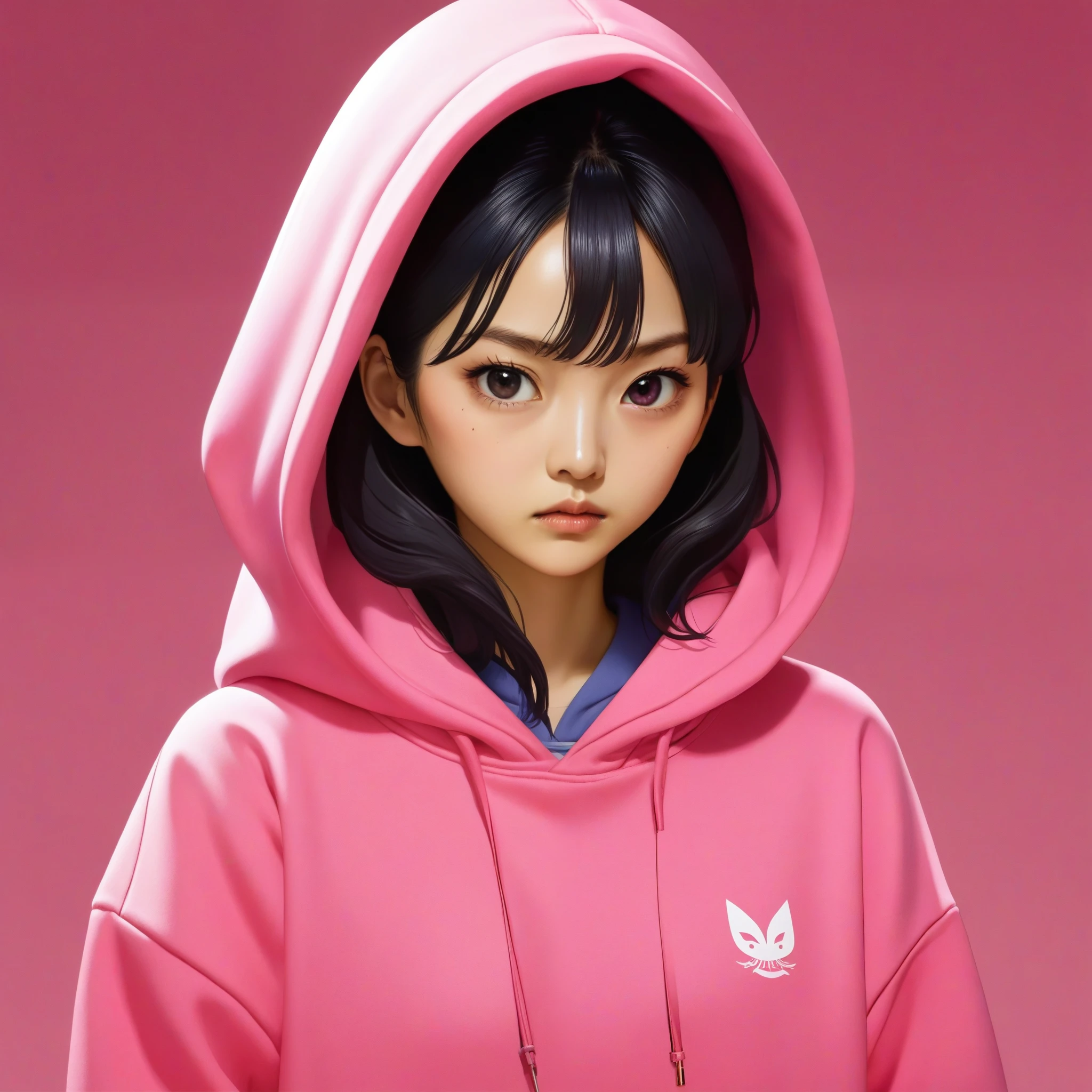 Kang Sae-byeok, Squid Game, Jung Ho-yeo, holding a knife with her hand, wearing a pink hoodie, simple background, evil expression, shes an amoral thief
