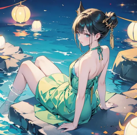 one woman、gorgeous green swimsuit、,race,black hair、short bun hair、hair ornaments、necklace、back、golden devil horns、anatomically c...