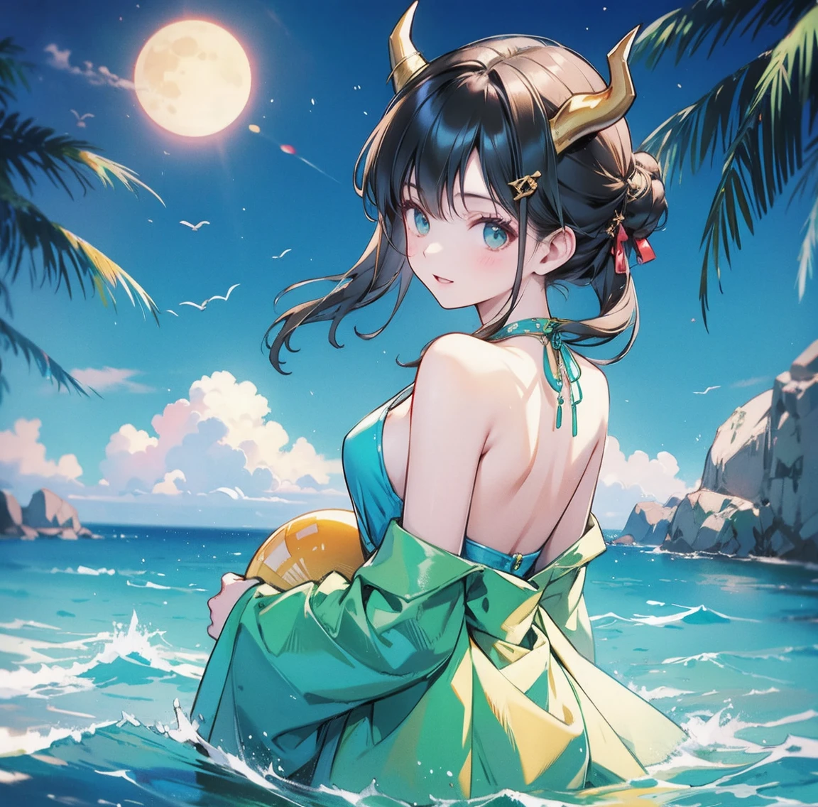 One woman、Gorgeous green swimsuit、,race,Black Hair、Short bun hair、hair ornaments、necklace、back、Golden devil horns、Anatomically correct,、Night beach、Night Pool