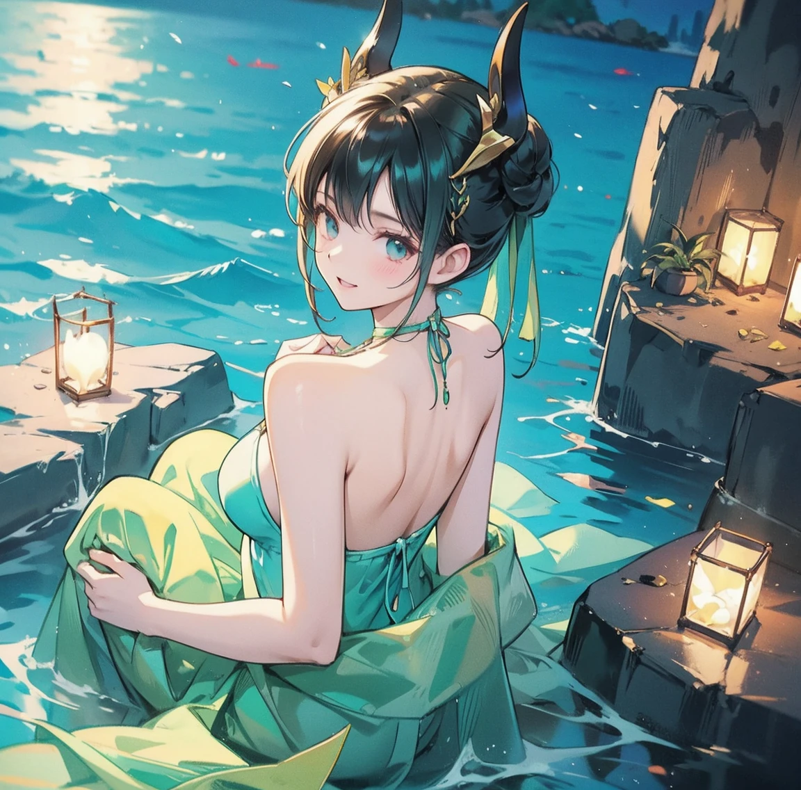 One woman、Gorgeous green swimsuit、,race,Black Hair、Short bun hair、hair ornaments、necklace、back、Golden devil horns、Anatomically correct,、Night beach、Night Pool