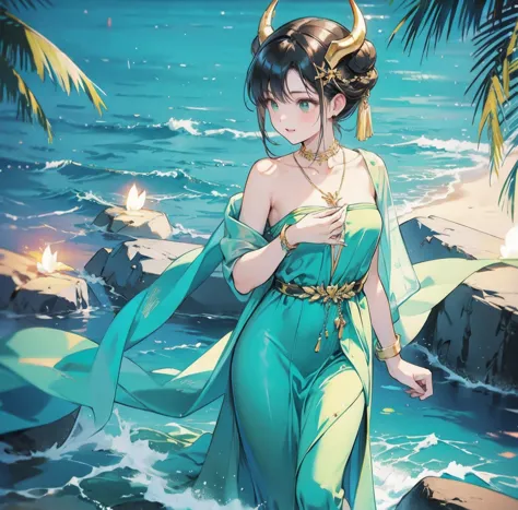 one woman、gorgeous green swimsuit、,race,black hair、short bun hair、hair ornaments、necklace、back、golden devil horns、anatomically c...