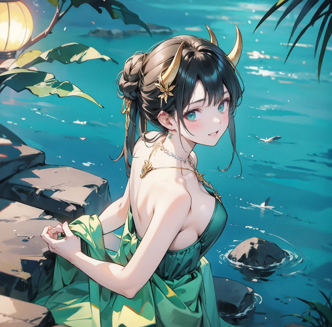 One woman、Gorgeous green swimsuit、,race,Black Hair、Short bun hair、hair ornaments、necklace、back、Golden devil horns、Anatomically correct,、Night beach、Night Pool