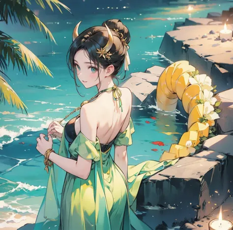 one woman、gorgeous green swimsuit、,race,black hair、short bun hair、hair ornaments、necklace、back、golden devil horns、anatomically c...