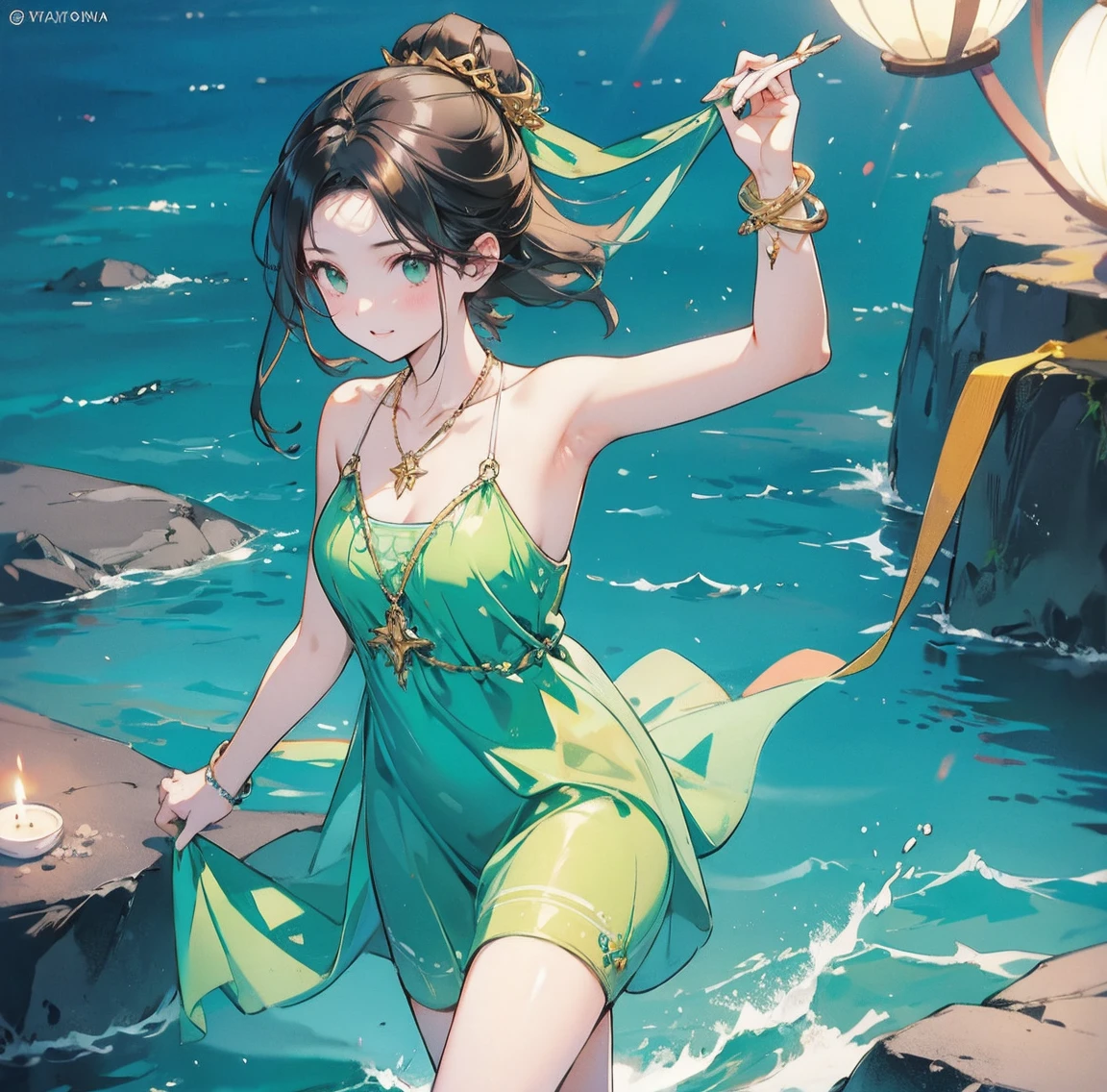 One woman、Gorgeous green swimsuit、,race,Black Hair、Short bun hair、hair ornaments、necklace、back、Golden devil horns、Anatomically correct,、Night beach、Night Pool