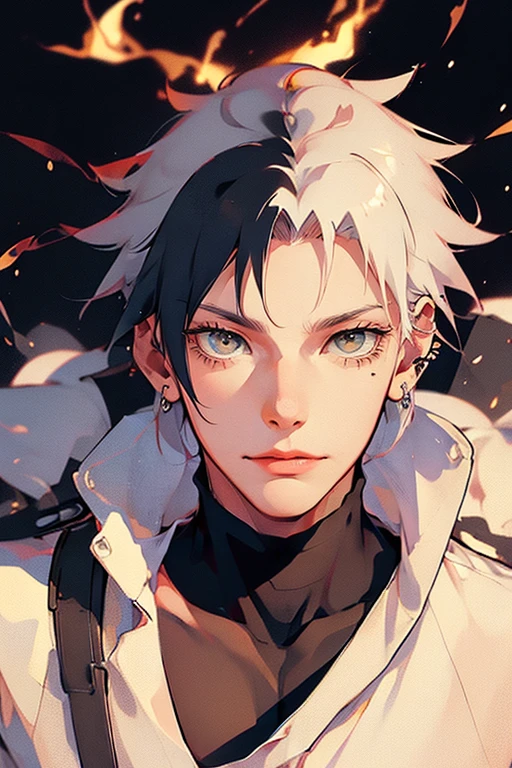 1 male (tall man, slim, manly, dominate,  half black colored-hair, half white colored- hair, yellow eyes, tough, wearing a sci-fi space outfit, has 1 earring.) best quality, ultra-detailed, illustration, complex, detailed, extremely detailed, detailed face, soft light, soft focus, perfect face, illustration: Full Body