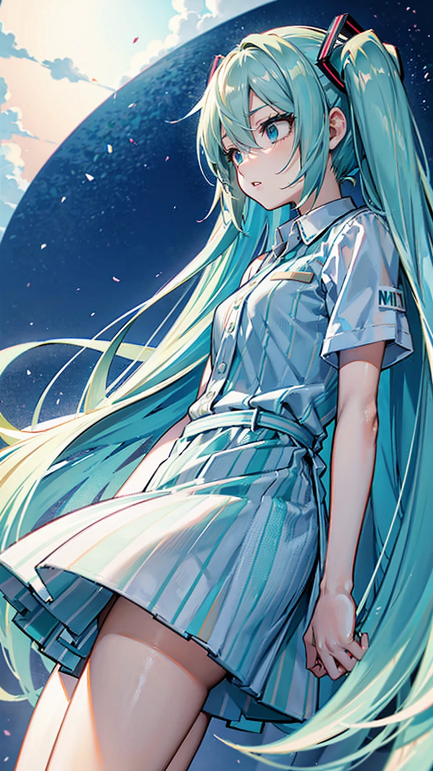 anime,low angle,in sky, surgery,upright,doctor,long straight hair,(((hip,wearing shirts,Horizontal Stripes,white and green:1:1))),hatsune miku,/(vocaloid/)