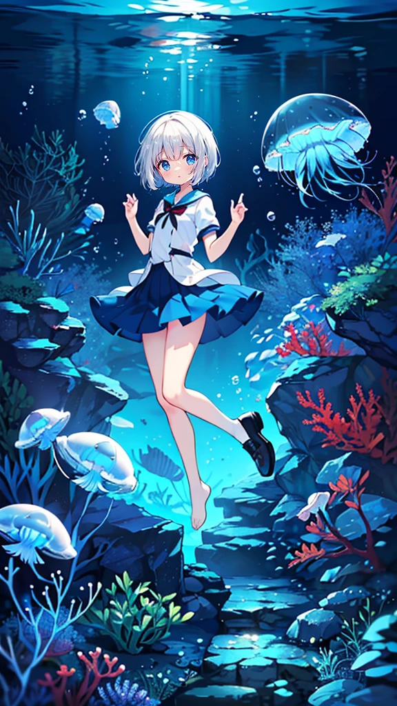 (Peace Fly), (highest quality), Very detailed, 1 girl, Personal full-body photo, Perfect Face, beautiful girl, Very detailed顔，blue eyes，(short white hair:1.5)，(blue eyes:1.4)，(short Hair:1.4)，(Underwater:1.4)，sink，school fishy，Light，jellyfish，Seaweed，Redfish，fishy，deep sea，Fantasy