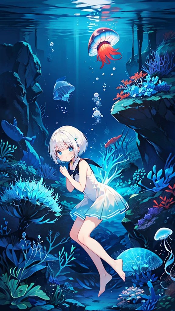 (Peace Fly), (highest quality), Very detailed, 1 girl, Personal full-body photo, Perfect Face, beautiful girl, Very detailed顔，blue eyes，(short white hair:1.5)，(blue eyes:1.4)，(short Hair:1.4)，(Underwater:1.4)，sink，school fishy，Light，jellyfish，Seaweed，Redfish，fishy，deep sea，Fantasy