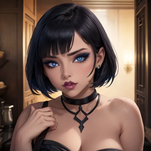 Girl with big blue eyes white skin short hair bob style thick and voluminous lips perfect detailed look seductive and perverted, HD closeup gothic makeup black lips , hands touching cheeks,