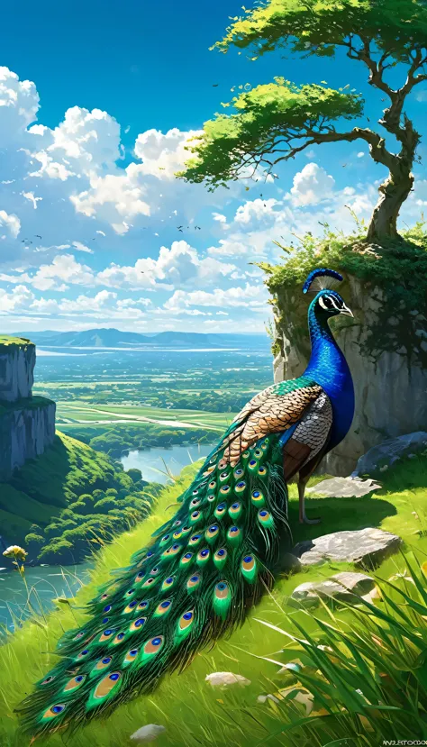 a peacock sitting under a tree near a cliff in a meadow , seeing a vast blue sky with fluffy clouds and brush strokes , tall gra...