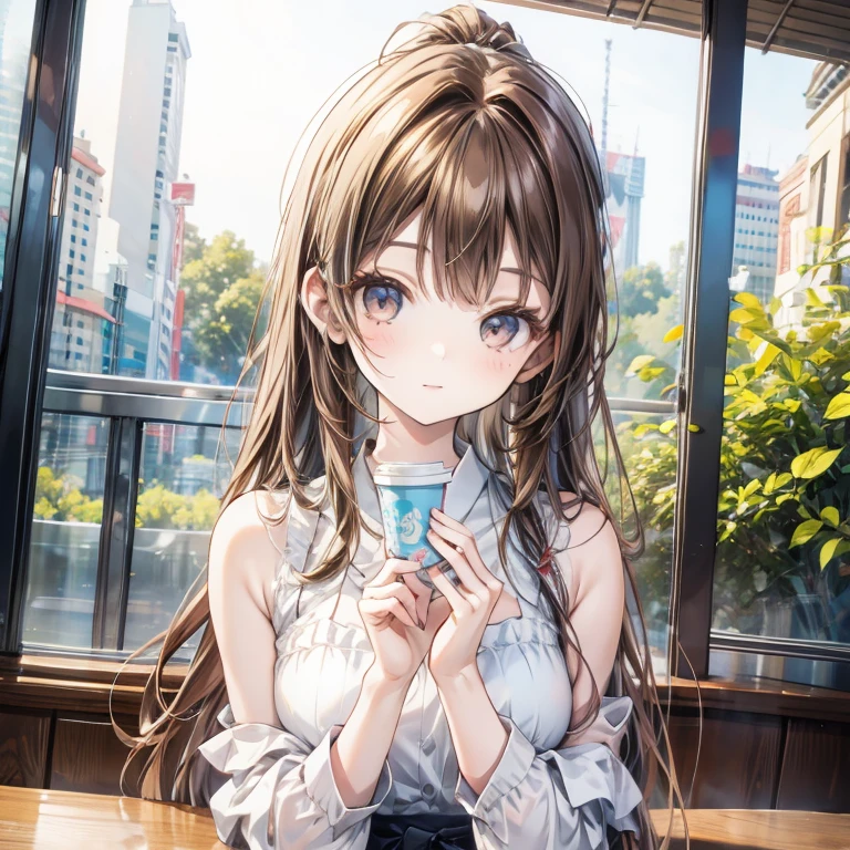 little girl holding a coffee cup, cute girl, Cute and delicate face, cute slender face, hayami, Chiho, Yoshitomo Nara, Young cute face, beauty japanese girl face, Brown hair and big eyes, Cute and beautiful girl, beauty