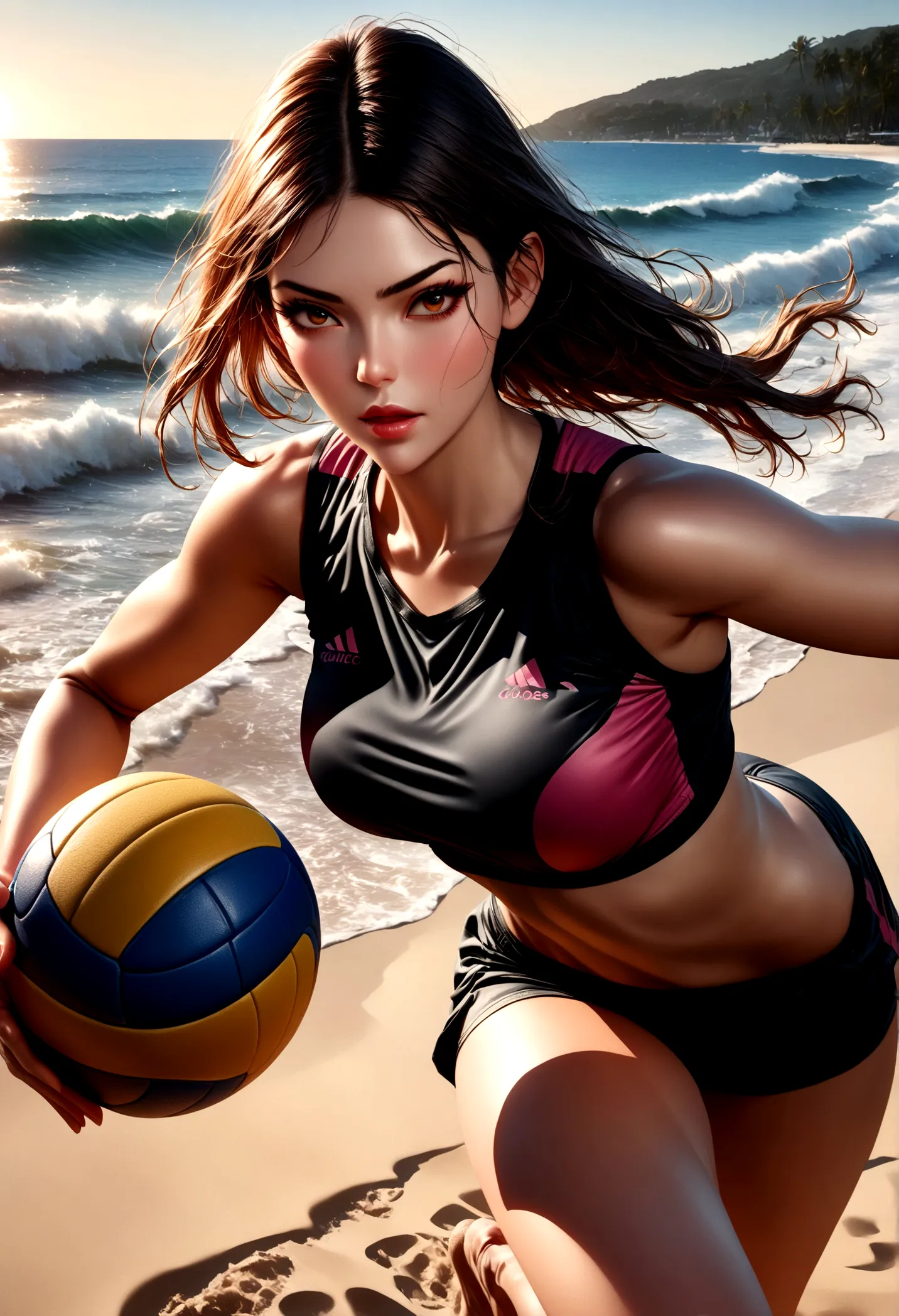 a woman playing volleyball on a sandy beach, beautiful detailed face, long eyelashes, detailed facial features, athletic figure,...