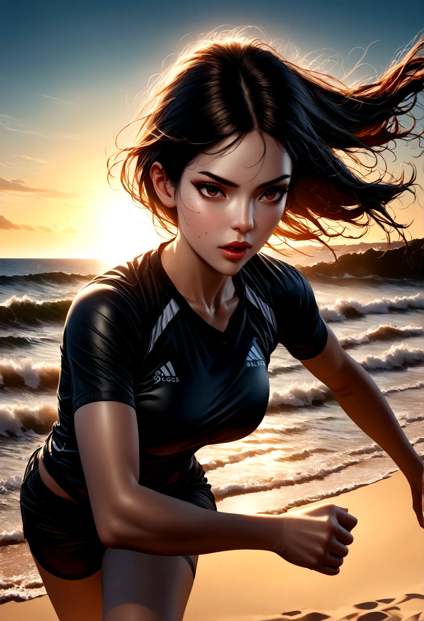 a woman playing volleyball on a sandy beach, beautiful detailed face, long eyelashes, detailed facial features, athletic figure,...