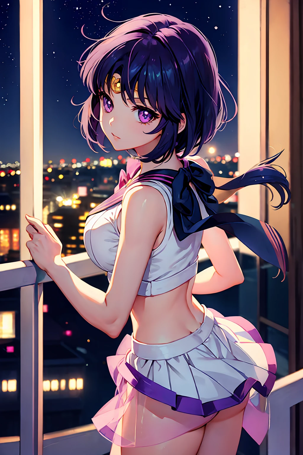 Sailor Saturn (Sailor Moon Anime), standing in a balcony at night, <lora:GoodHands-, <lora:GoodLegs-, UHD, high resolution, (expressive eyes, perfect face, full body, expressive face, perfect body, perfect pussy, athletic, fit, slim body, blushing, Perfect makeup, eyeliner, beautiful eyelashes, smiling, horny face), ((best illumination, best shadows)), ((sexy pose)), brooch, white gloves, choker, skirt, star (symbol), purple footwear, knee boots, star brooch, earrings, sailor collar, bow, cross-laced footwear, pleated skirt, brown bow, gloves, elbow gloves, purple skirt, jewelry, boots, back bow, lace-up boots, magical girl, star choker, purple sailor collar, purple eyes, black hair, short hair, EPsmSailorSaturn, sailor_saturn, sailor senshi uniform, tiara, sailor saturn