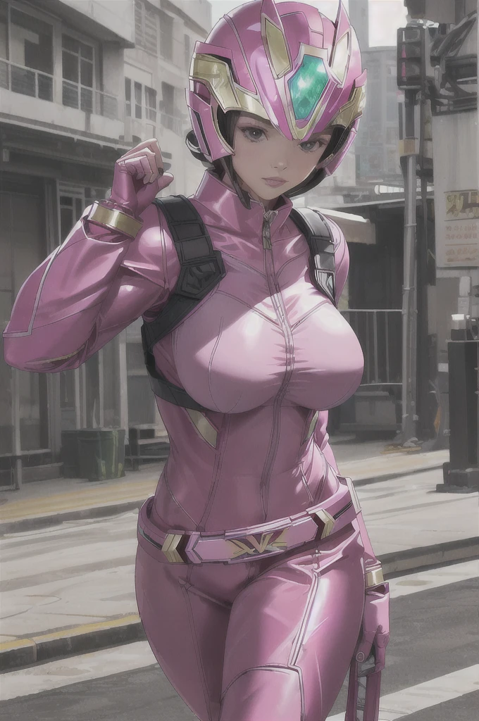 girl, 8K, Ultra-high resolution, Highest quality, masterpiece, Realistic, RAW images, perspective, Five fingers, Depth of written boundary, (Dressed as the Pink Power Ranger), Huge breasts:1.4, Bodysuits, armor, (Super Sentai), Full Face Helmets, Pink Phoenix