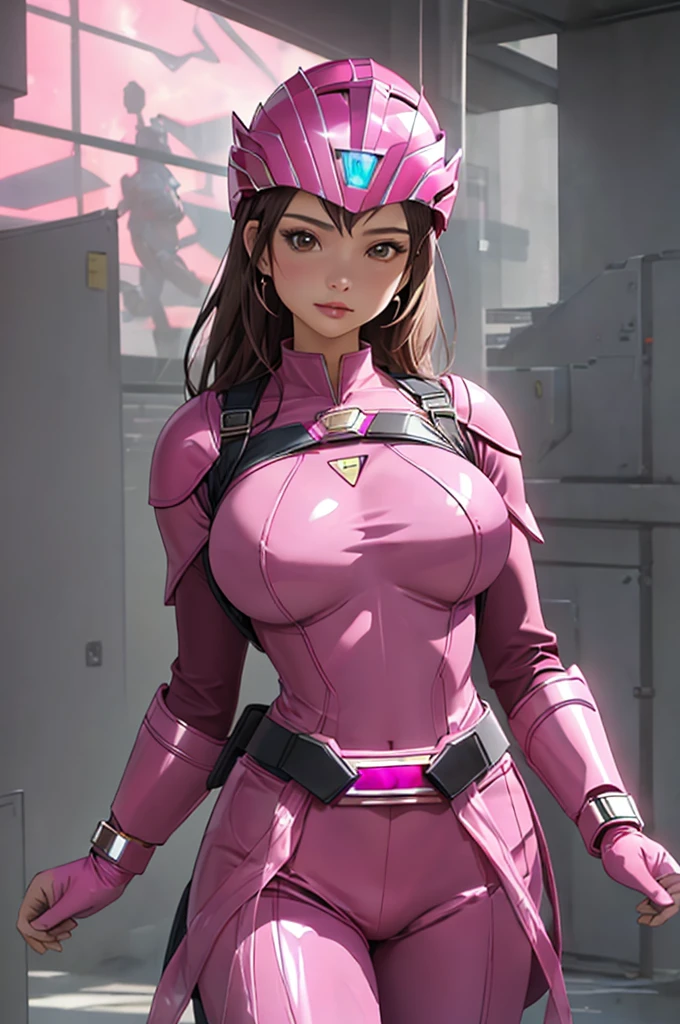 girl, 8K, Ultra-high resolution, Highest quality, masterpiece, Realistic, RAW images, perspective, Five fingers, Depth of written boundary, (Dressed as the Pink Power Ranger), Huge breasts:1.4, Bodysuits, armor, (Super Sentai), Full Face Helmets, Pink Phoenix