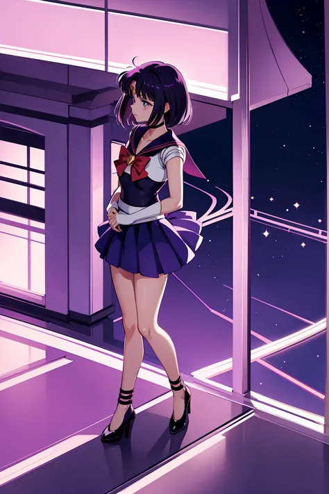 Sailor Saturn (Sailor Moon Anime), standing in a balcony at night, <lora:GoodHands-, <lora:GoodLegs-, UHD, high resolution, (exp...