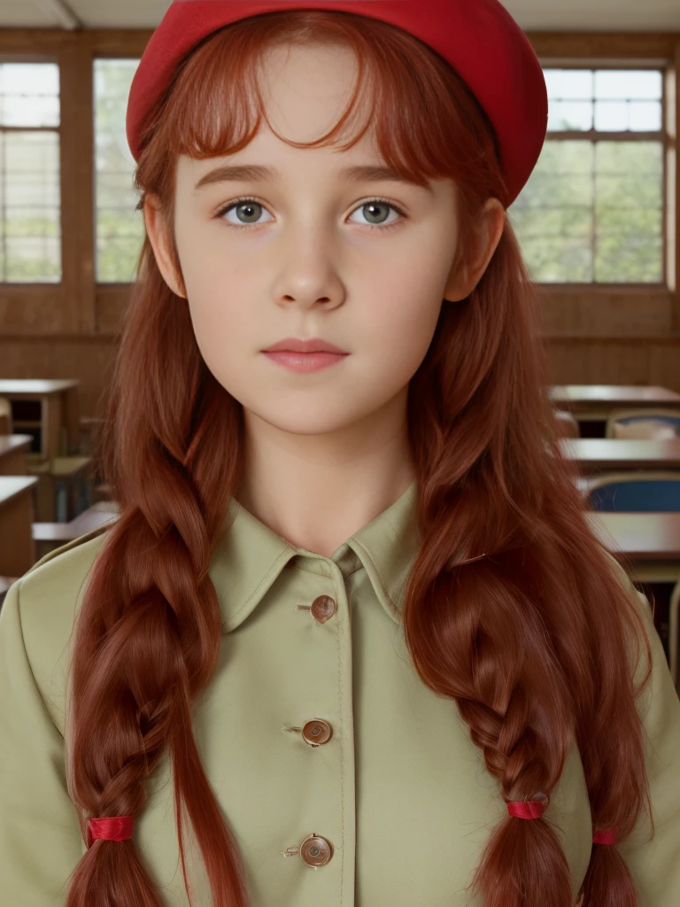 (best quality,4k,8k,highres,masterpiece:1.2),ultra-detailed,(realistic,photorealistic,photo-realistic:1.37), ((a girl in classroom, she wears uniform and beret, shy, braided red hair)), ((slim body, very large bust size for her young age))