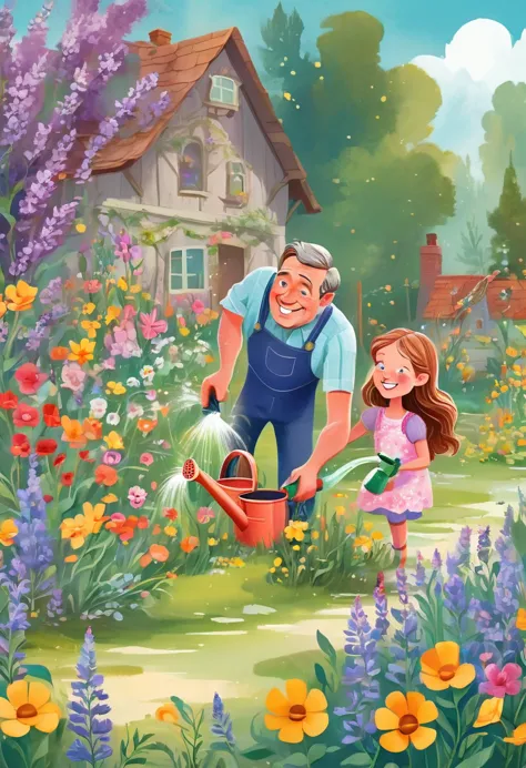 there is a middle-aged man and a little girl watering flowers, children's book illustration, children's book illustration, child...