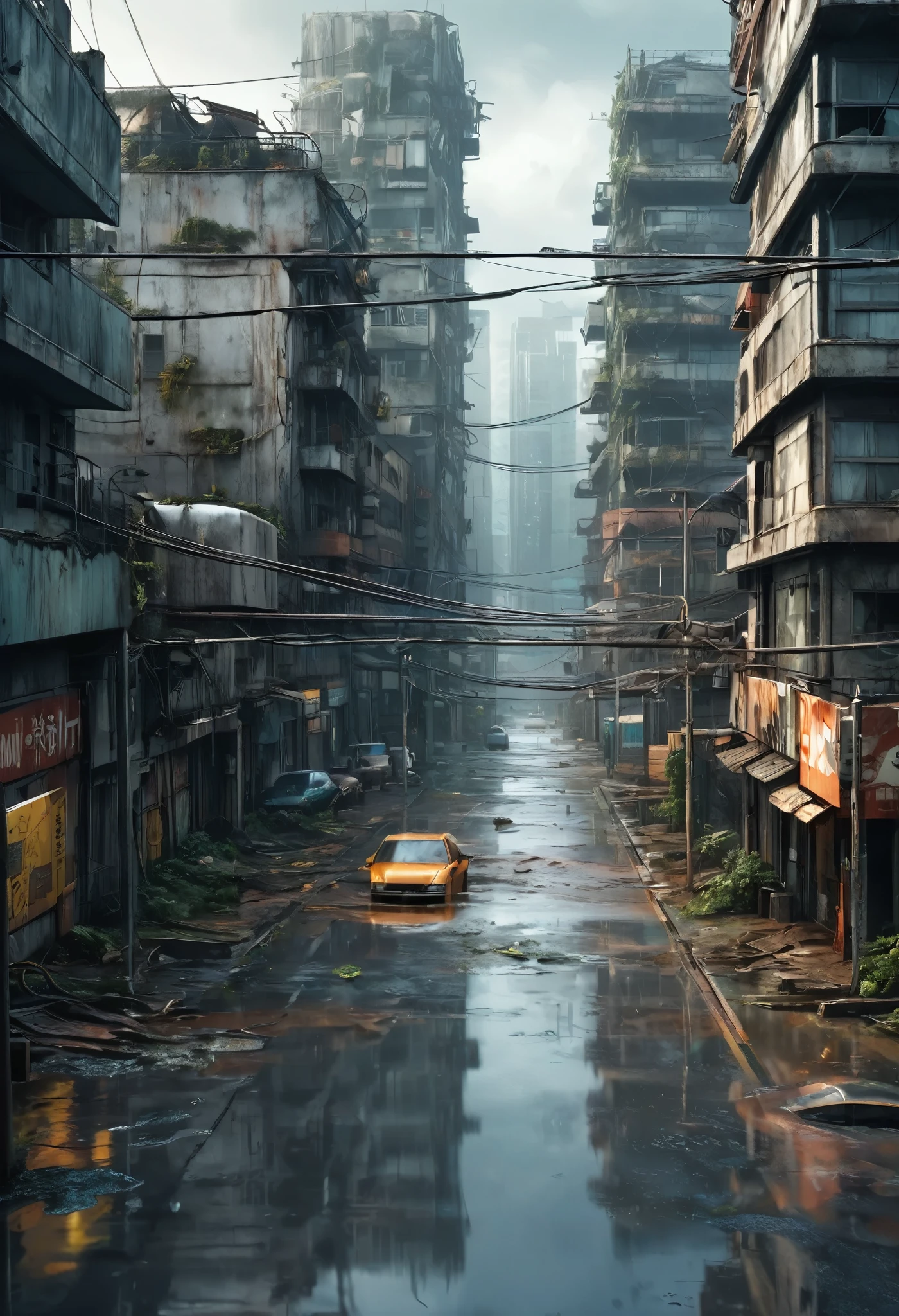 Image of the center of a modern ultra futuristic abandoned city with rusty and dirty abandoned crashed rusty cars standing among the dirty modern round and circular gray buildings in ruins, cyberpunk style, rain and puddles of water on the ground, Science fiction, top view from a height of 30 meters, apocalipse nuclear, urban scenery with poles with traffic lights and wires of fallen poles,  there is a rusty chain link fence around the buildings, There are billboards that have been erased and fallen from buildings, many buildings on the horizon as realistic as possible, high qualiy, 4K, hyper detailled