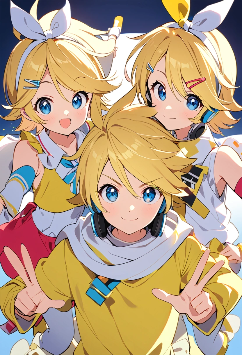 kagamine rin,1girl,kagamine len,1boy,blonde hair,short hair,looking at viewer,twins,detached sleeves,brother and sister,headphones,hair ornament,siblings,smile,blue eyes,hairclip,upper body,bangs,score_9,score_8_up,score_7_up,