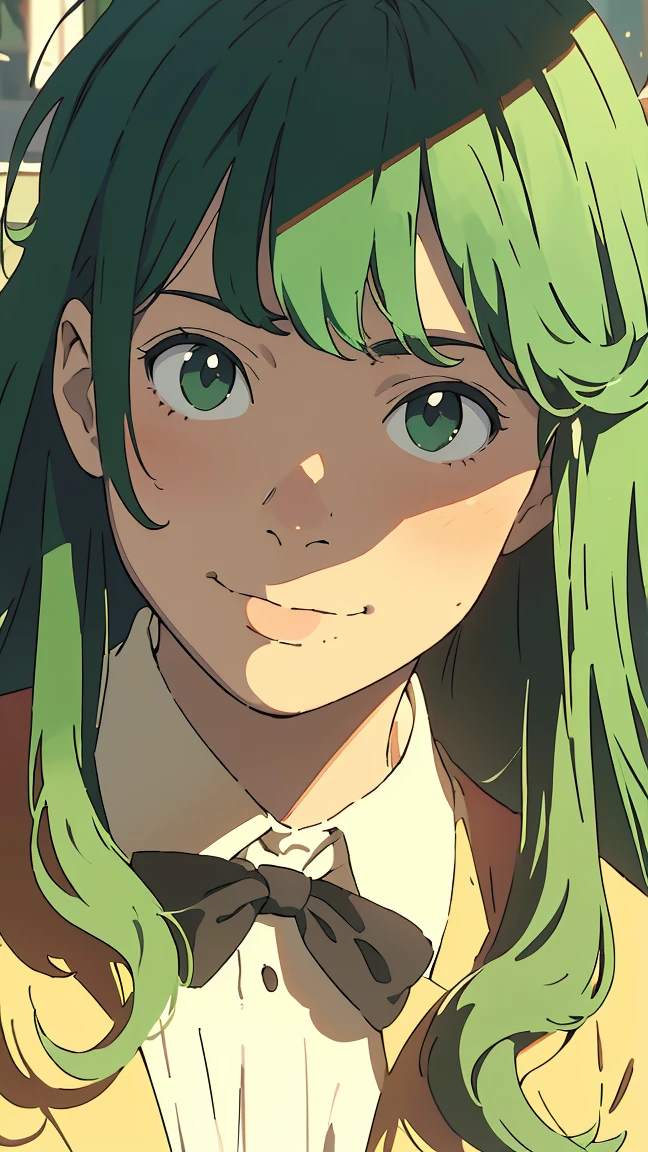 green eyes, (green hair),((wavy hair)), uniform,one girl, alone,very beautiful, best quality, amazing quality, curated, shape, highly detailed, anime coloring,highly detailed, official art, warm tones, sun flare, soft shadows, vibrant colors,highly detailed, official art,((hairstyle with bangs)),facial expression pattern,smile,