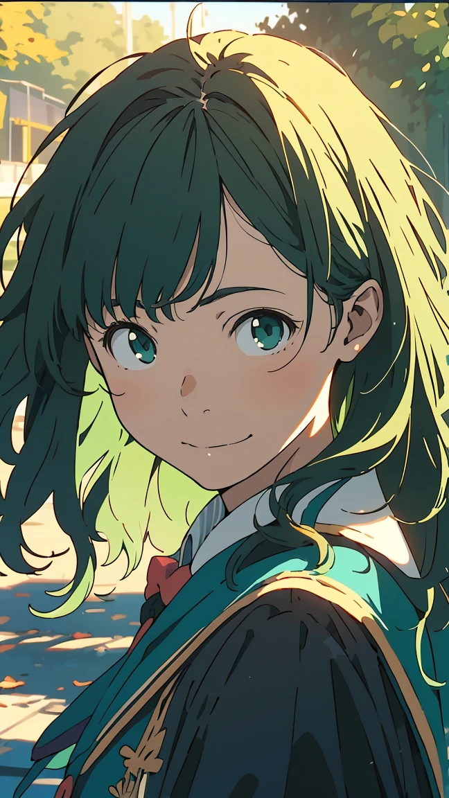 green eyes, (green hair),((wavy hair)), uniform,one girl, alone,very beautiful, best quality, amazing quality, curated, shape, highly detailed, anime coloring,highly detailed, official art, warm tones, sun flare, soft shadows, vibrant colors,highly detailed, official art,((hairstyle with bangs)),facial expression pattern,smile,