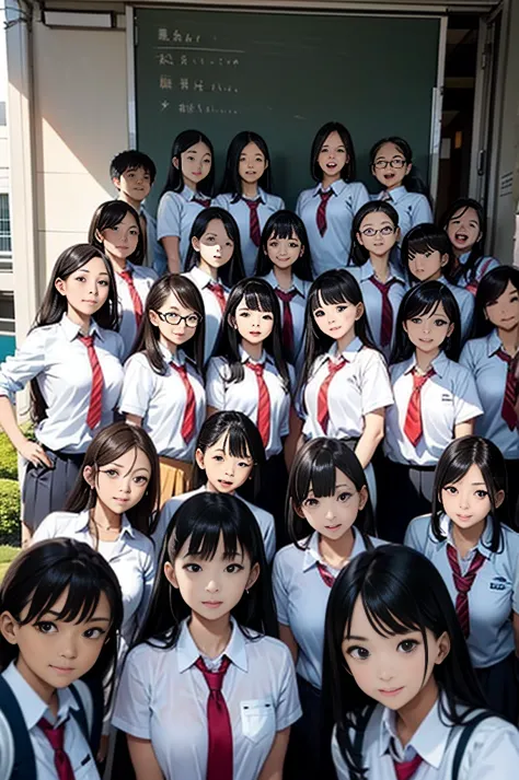 female teacher pees in group photo、when taking a group photo with many students, only the female teacher pees、there are many stu...