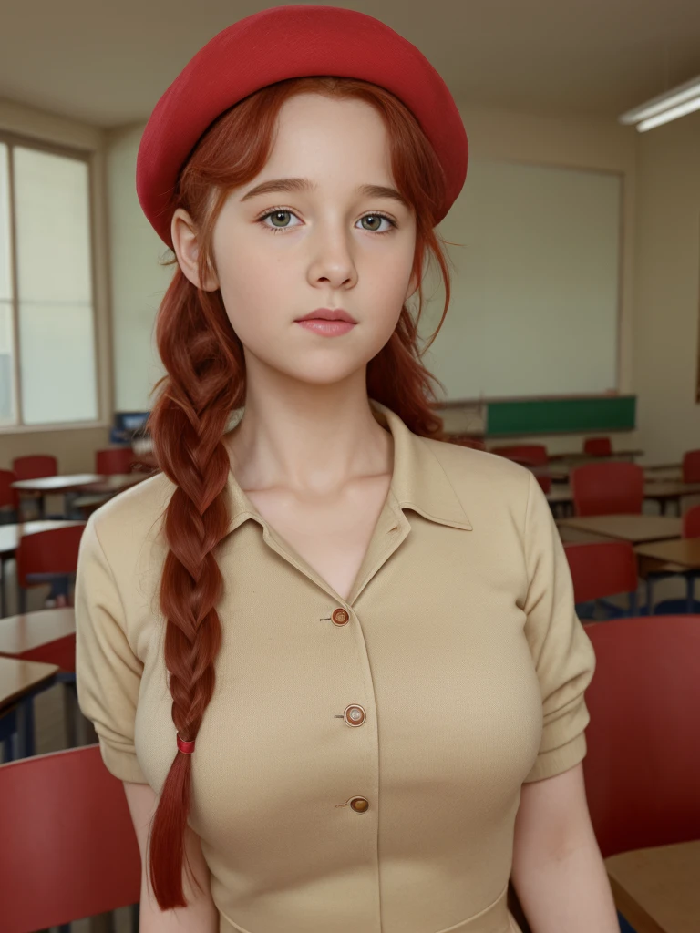 (best quality,4k,8k,highres,masterpiece:1.2),ultra-detailed,(realistic,photorealistic,photo-realistic:1.37), ((a girl in classroom, she wears uniform and beret, shy, braided red hair)), ((slim body, very large bust size for her young age))