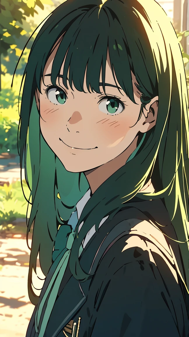 green eyes, (green hair), (medium long hair), uniform, one girl, alone, very beautiful, best quality, great quality, curated, shape, very detailed, anime coloring, very detailed, official art, warm tones, sun flare, soft shadows, vibrant colors, very detailed, official art, ((hairstyle with bangs)), facial expression pattern, smiling face,