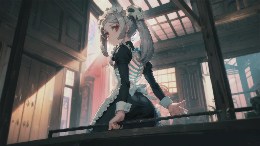 1girl, solo, indoors, skg_marie, maid, maid apron, maid headdress, twin tails, skull hair ornament, mary janes, white thighhighs, juliet sleeves, light rays, glow, (masterpiece), wallpaper, 1girl, solo, skg_marie, maid, maid apron, maid headdress, twin tails, skull hair ornament, red brooch, juliet sleeves, light rays, glow, (masterpiece), highlight thighs, thick thighs, view from behind, big ass, ass focus, rear view, NSFW