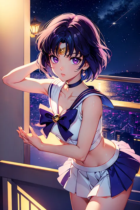 Sailor Saturn (Sailor Moon Anime), standing in a balcony at night, <lora:GoodHands-, <lora:GoodLegs-, UHD, high resolution, (exp...