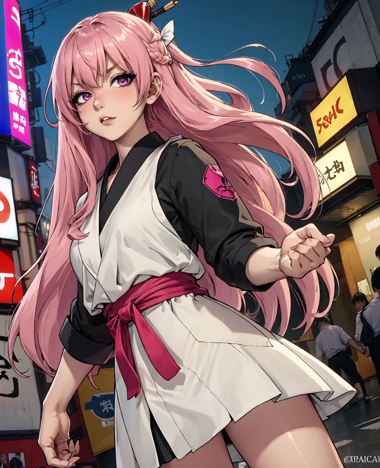 Tokyo, Kabukicho, long hair fluttering in the wind, pink hair, high definition, dress