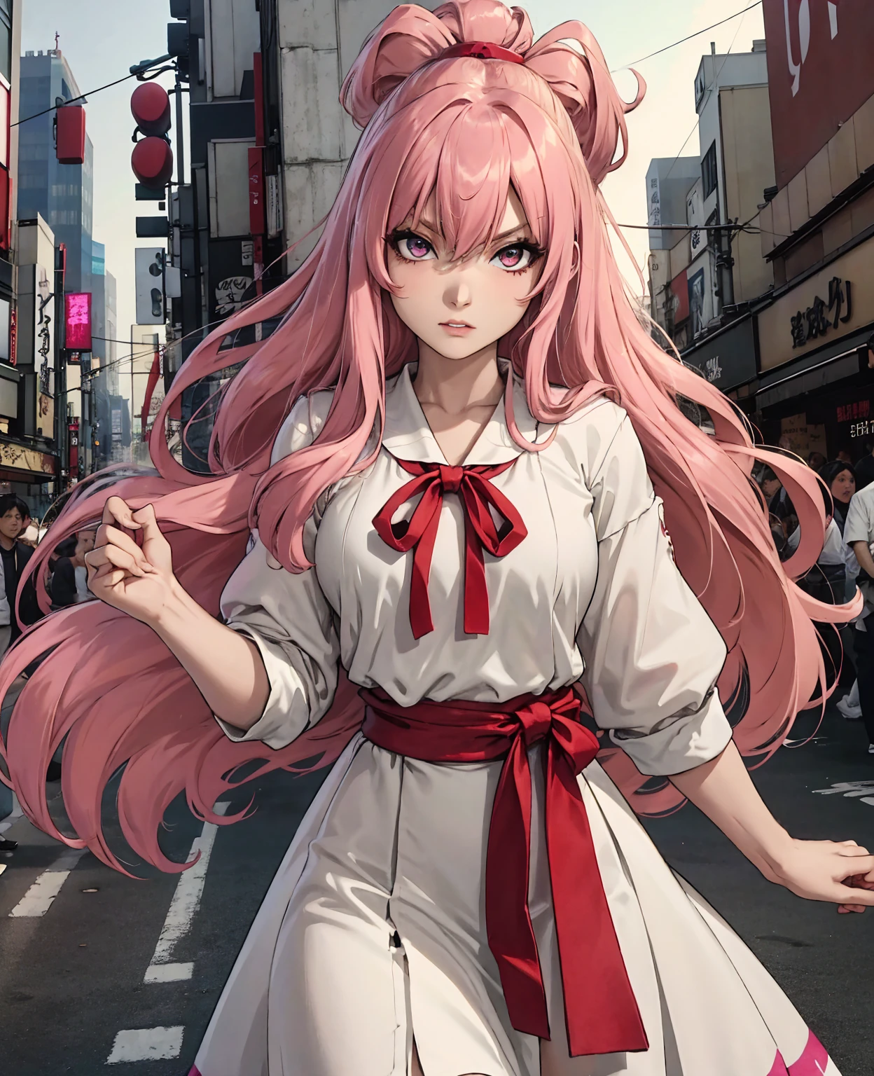 Tokyo, Kabukicho, long hair fluttering in the wind, pink hair, high definition, dress