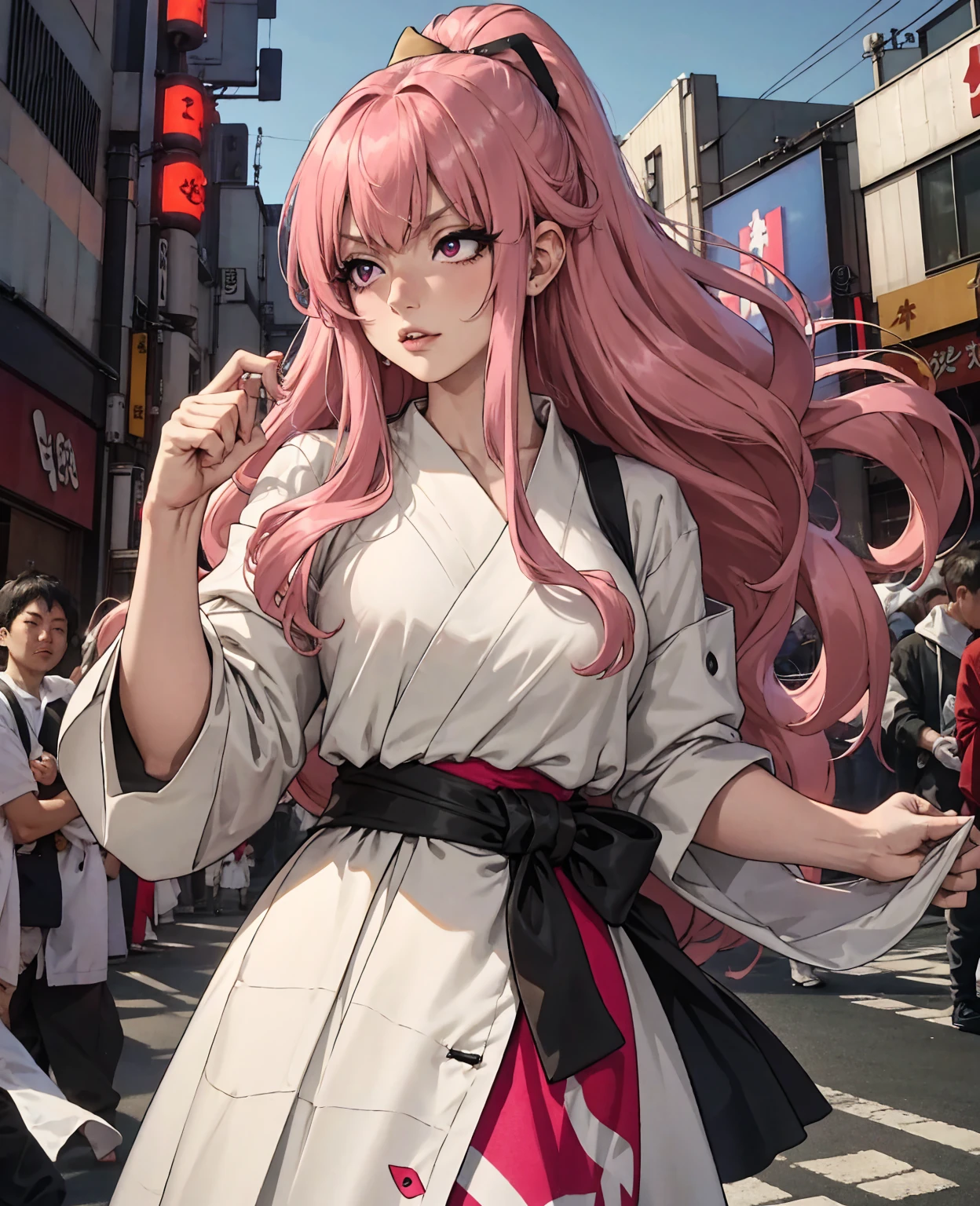 Tokyo, Kabukicho, long hair fluttering in the wind, pink hair, high definition, dress