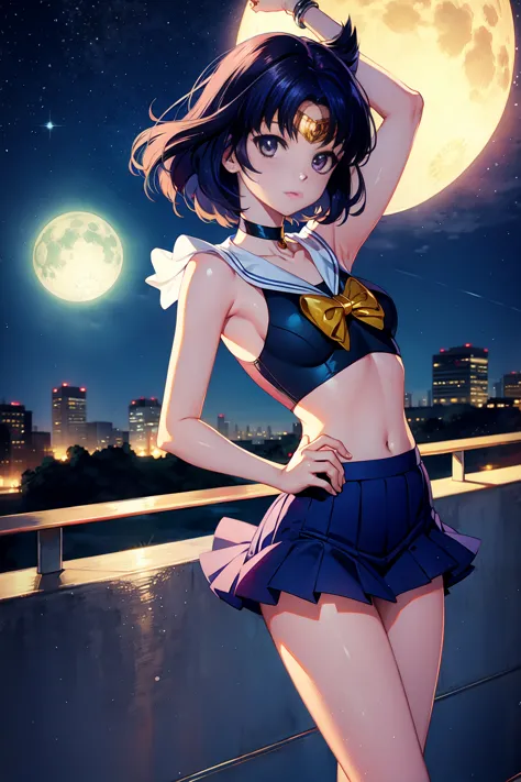 Sailor Saturn (Sailor Moon Anime), standing in a balcony at night, <lora:GoodHands-, <lora:GoodLegs-, UHD, high resolution, (exp...