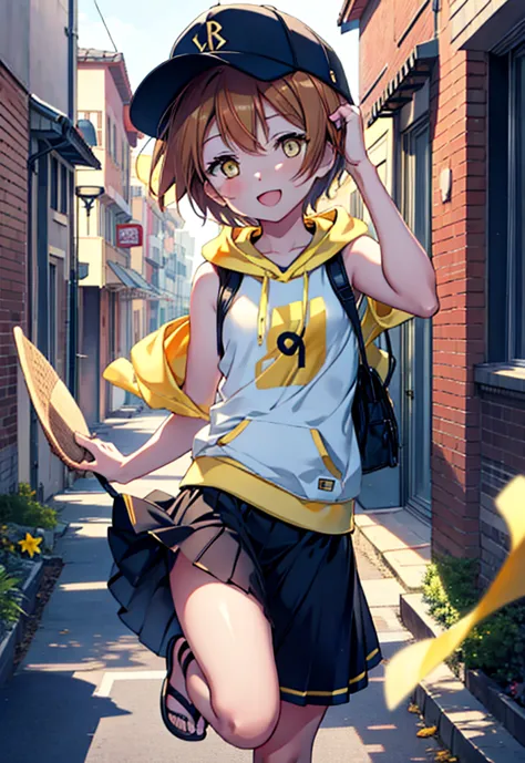 rin hoshizora (yellow eyes:1.5), hair between the eyes, brown hair,short hair,blush,happy smile, smile, open your mouth,baseball...