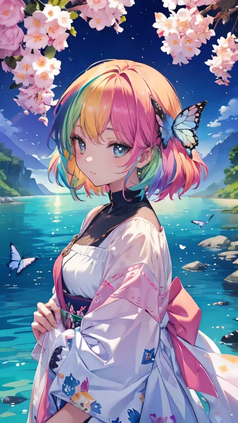 cute women with rainbow hair, multicolored butterflies, water, colorful blossoms