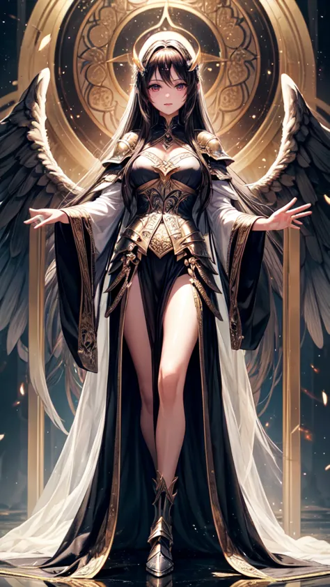 best quality, extremely beautiful, beautiful face, angel woman, four huges black wing, revealing armor with open front skirt, ve...